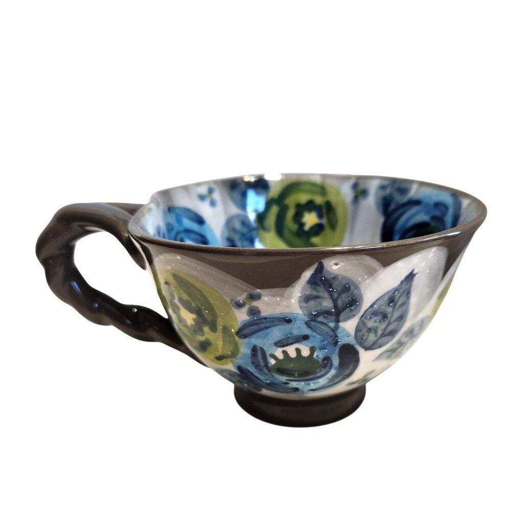 Anthropologie Hand-Painted Ceramic Mug Blue & Green Floral Twisted Handle